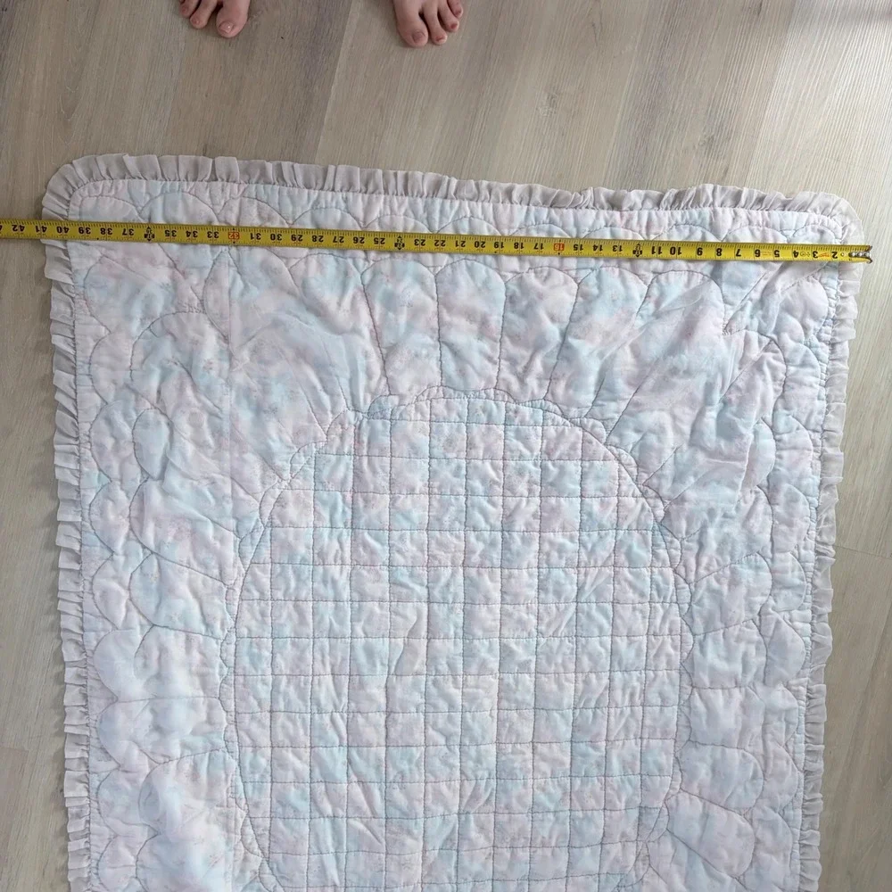 Vintage sheer Quilted Baby Blanket Pastel Floral Hot Air Balloon Ruffle 52x41